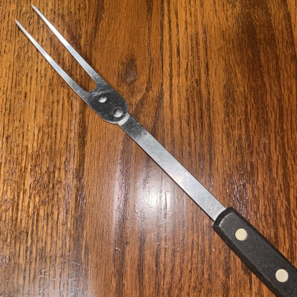 Vtg Ekco Forge Meat Fork Carving Serving 11.5 Black Riveted Handle Stainless USA
